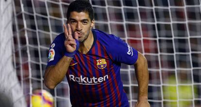 Suárez celebra el gol de la victòria.