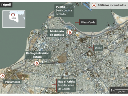 Edificios incendiados en Trípoli