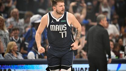 May 26, 2024; Dallas, Texas, USA; Dallas Mavericks guard Luka Doncic (77) reacts in the first quarter against the Minnesota Timberwolves during game three of the western conference finals for the 2024 NBA playoffs at American Airlines Center. Mandatory Credit: Jerome Miron-USA TODAY Sports