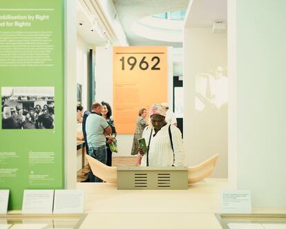 Visitors at the permanent exhibition of the French National Immigration History Museum in Paris.