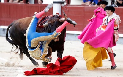 El diestro Román Collado sufre una cornada en su primer toro, hoy en Las Ventas. 