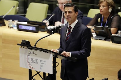 Mexican President Enrique Peña Nieto speaking at the United Nations.