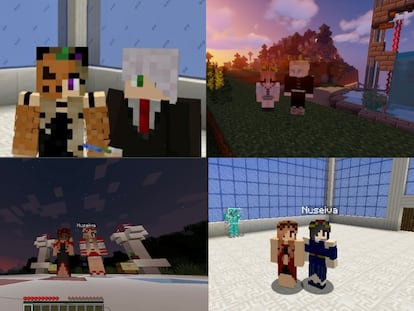 Los avatares de Sara, Aina, Irina y Aitana en varias de sus partidas de Minecraft.