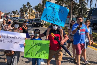 Trabajadores del Acuario de Veracruz acompañados de sus familiares realizaron una marcha en protesta