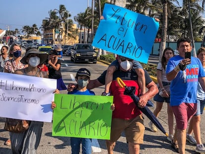 Trabajadores del acuario y sus familiares protestan por la clausura que realizó la Procuraduría del Medio Ambiente, el 15 de mayo.