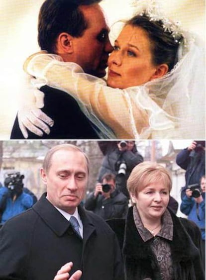 Abajo, Putin y su esposa Ludmila; arriba, los actores que los interpretan.