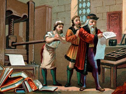 Ilustración de "Johannes Gutenberg imprimiendo la primera hoja de la Biblia"