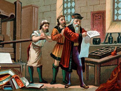 Ilustración de "Johannes Gutenberg imprimiendo la primera hoja de la Biblia"