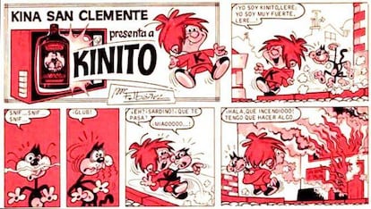 <p>Que los niños tomen "una gotita de vino o cerveza" fue habitual hasta hace poco en ciertos entornos. Pero en los años sesenta, el mensaje se daba desde la televisión. Los vinos quinados, considerados medicinales, eran anunciados en televisión como la bebida ideal para toda la familia. Tenía un 13 grados de alcohol. En el caso de la marca Kina San Clemente, <a href="https://elcomidista.elpais.com/elcomidista/2015/11/11/articulo/1447239566_060305.html" target="_blank">como recordó El Comidista</a>, se llegó a crear una mascota muy atractiva para los niños, Kinito, que hablaba de los beneficios de beber vino desde tiernas edades. "¡Da unas ganas de comer!", gritaba desde el anuncio. El vino, por cierto, se sigue vendiendo, aunque ya ni de lejos con aquella campaña publicitaria que hoy causaría un auténtico terremoto mediático.</p> En la imagen, tebeo creado por Francisco Ibáñez (el mismo de, entre otras muchas, Mortadelo y Filemón), con Kinito de protagonista.