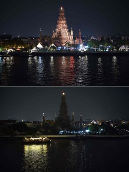 Dos instantáneas tomadas muestra el Wat Arun (templo del amanecer) iluminado y con las luces apagadas durante la Hora del Planeta en Bangkok.