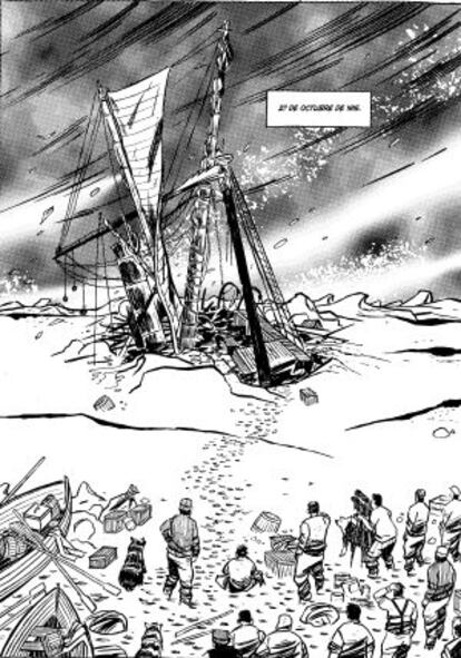 El Endurance, hundido por el hielo, en una viñeta del cómic de Bustos.
