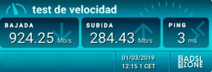 Un test de velocidad satisfactorio para una conexión de fibra con un 1000 megas de descarga y 300 de subida