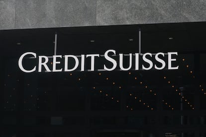 A view shows logo of Swiss bank Credit Suisse in front of an office building in Zurich, Switzerland March 16, 2023.