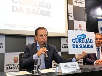 Jo&atilde;o Doria em coletiva em que comemorou o fim da fila de exames. 