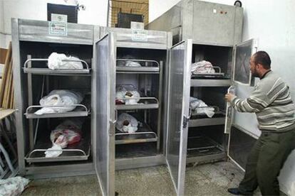 Los cuerpos de ocho palestinos, siete de los cuales murieron en el ataque israelí de ayer, yacen en la morgue de Beit Lahiya.