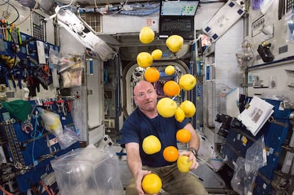 Scott Kelly juega con unas naranjas llegadas a la Estación Espacial Internacional en un vehículo de transporte, el 25 de agosto de 2015.