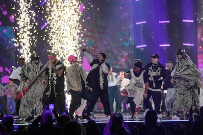 Kalush Orchestra performs prior to the dress rehearsals for the Grand final at the Eurovision Song Contest in Liverpool, England