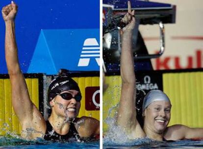 Natalie Coughlin, a la izquierda, y Federica Pellegrini, tras sus victorias.