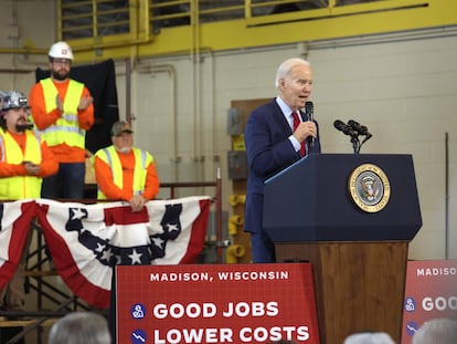 President Joe Biden speaks to guests at the Laborers International Union of North America (LIUNA) training center on February 8, 2023 in De Forest, Wisconsin.