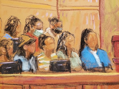 En una ilustración, el jurado al momento de declarar culpable a García Luna, el 21 de febrero en Nueva York.