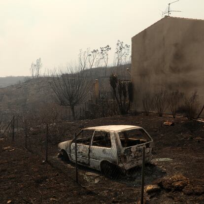 Dionysos (Greece), 12/08/2024.- A burnt car after a wildfire in Dionysos, north Attica, Greece, 12 August 2024. The wildfire that broke out in Varnavas on 11 August afternoon continues to rage in Eastern Attica on 12 August, fanned and spread to a front extending more than 20 kilometers. According to the fire department, the fire-fighting effort is extremely difficult as the wind keeps changing direction, while the three main fronts of concern are in Grammatiko, Penteli and the Anatoli settlement in Nea Makri. (incendio forestal, Grecia) EFE/EPA/GEORGE VITSARAS
