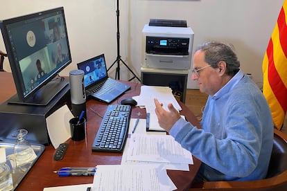 El presidente de la Generalitat, Quim Torra, durante la videoconferencia que ha mantenido este viernes con representantes del sector turístico en Cataluña.