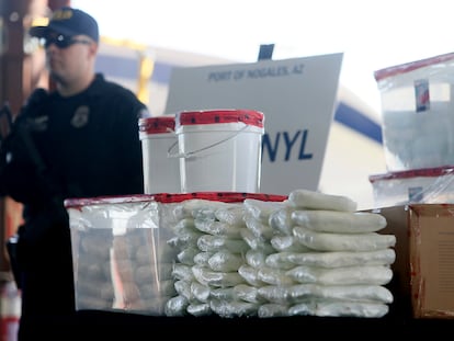 A display of the fentanyl and meth that was seized by U.S. Customs and Border Protection officers at the Nogales Port of Entry is shown during a press conference, Jan. 31, 2019, in Nogales, Ariz.