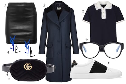 1. The Row Falda de piel 2. Claudie Pierlot Abrigo con detalle en la solapa 3. Miu Miu Polo con cuello bebé 4. Saint Laurent Pendientes con logo 5. Gucci Riñonera 6. Saint Laurent Gafas combinadas 7. Givenchy Zapatillas con banda negra.