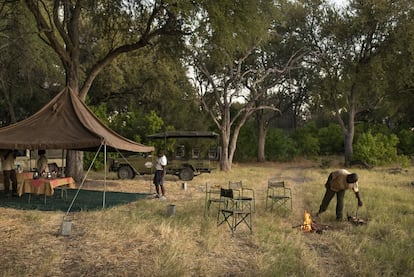 Vista del campamento de safari fotográfico móvil organizado por Elephant Trials en Sable Alley. Hay numerosas compañías que los organizan desde Maun. Para reservar plaza en campamentos públicos e instalarse con tienda propia hay que pedirla con mucha antelación.