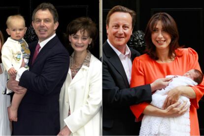 Los Blair, con Leo, en el 10 de Downing Street y a la derecha, los Cameron, con Florence.