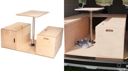 Este set de cámper integra dos baúles para sentarse y una mesa auxiliar.