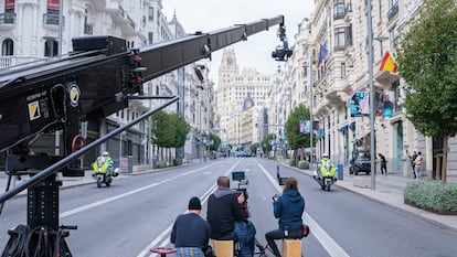 Rodaje de 'Todos los nombres de Dios' en la Gran Vía de Madrid.