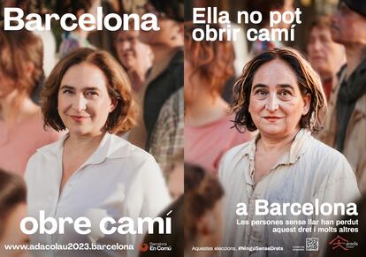 El cartel para la campaña para las elecciones del 28 de mayo de Ada Colau y su versión, hecha con intelgencia artificial, por la Fundación Arrels