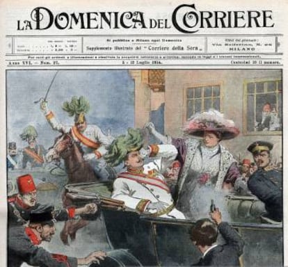 Asesinato del archiduque Francisco Fernando y su mujer, Sofía, en Sarajevo en junio de 1914. 