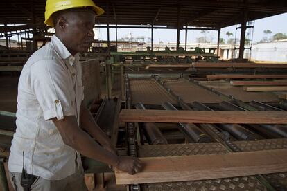 Un operario trabaja la madera en el aserradero de Ngombe.