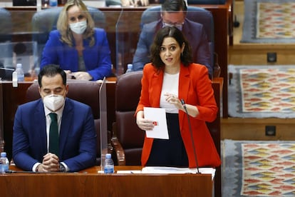  Isabel Diaz Ayuso and Ignacio Aguado durante un pleno en la Asamblea de Madrid.