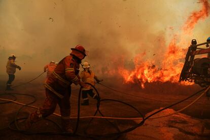 Los bomberos de RFS extinguen un incendio en Hillville (Australia).