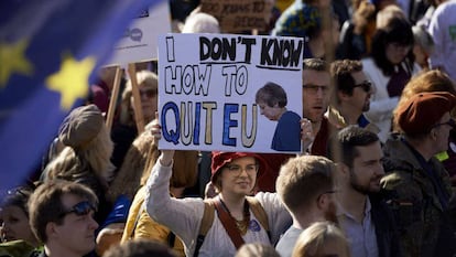 People protest against Brexit in London.