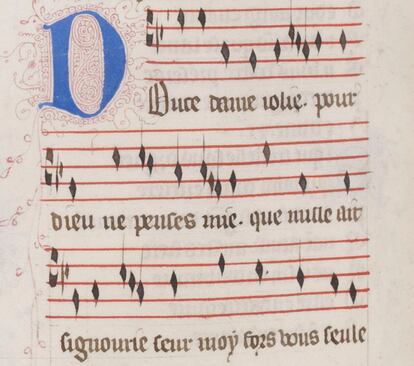 Manuscrito iluminado del siglo XIV con el comienzo del virelai 'Douce Dame jolie', de Guillaume de Machaut, que La Morra volvió a interpretar como propina al final de su concierto en la Pieterskerk.