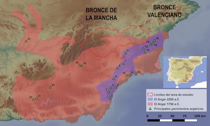 El mapa muestra la expansión máxima de El Argar desde su zona de origen. También la región donde se ha realizado el estudio de las cerámicas.