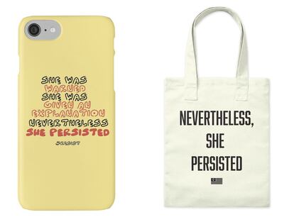 Funda de móvil a la venta en Redbubble. Su diseñadora destina los beneficios a Emily’s List, una ONG proaborto. A la derecha, el diseñador de este bolso destina lo recaudado a Planned Parenthood (Planificación Familiar).