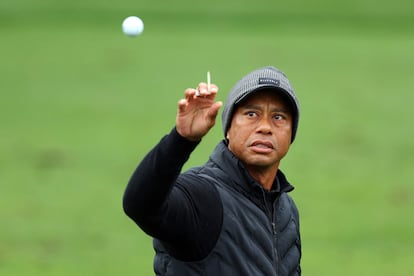 Tiger Woods of the United States catches a ball on the practice area during the third round of the 2023 Masters Tournament at Augusta National Golf Club on April 08, 2023 in Augusta, Georgia.