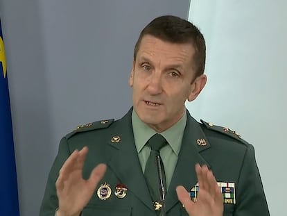 Comparecencia del Jefe del Estado Mayor de la Guardia Civil, general José Manuel Santiago, este domingo durante la rueda de prensa.