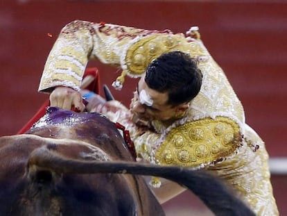 Matador Paco Ureña slaughters a bull in the ring.