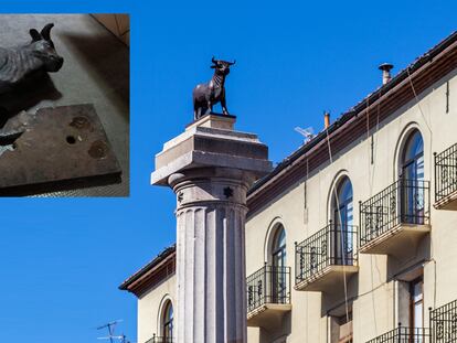 Estado de la estatua del Torico, símbolo de la ciudad de Teruel, tras caer de su pedestal el pasado domingo y la estatua en una imagen de archivo.