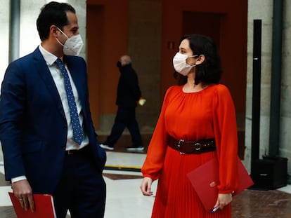 El vicepresidente de la Comunidad de Madrid, Ignacio Aguado, y la presidenta, Isabel Díaz Ayuso, el pasado 17 de febrero.