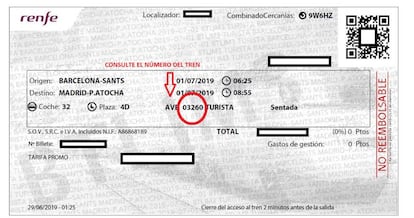 En el billete puede consultar el número de su tren para saber si está incluido entre los servicios mínimos. En la imagen, aparece dentro de un círculo rojo