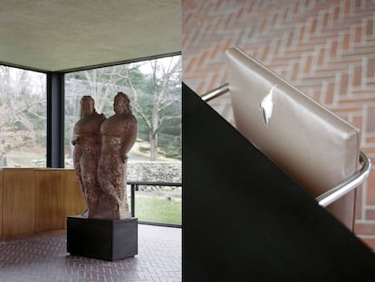 A la izquierda, la escultura 'Two circus women', de Elie Nadelman, decora el interior de la casa. A la derecha, una de las sillas originales, junto al escritorio. |