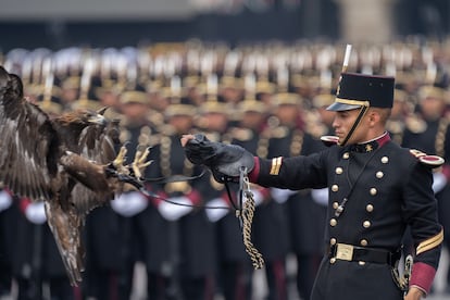 Un cadete del Colegio Militar realiza cetrería con un águila real. 
