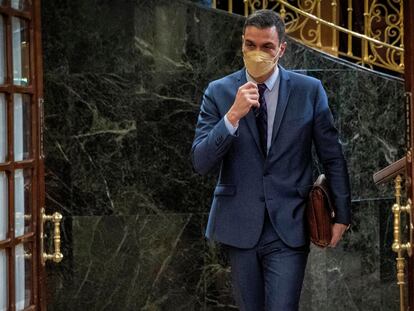 El presidente del Gobierno, Pedro Sánchez, antes de su comparecencia este miércoles ante el pleno del Congreso.